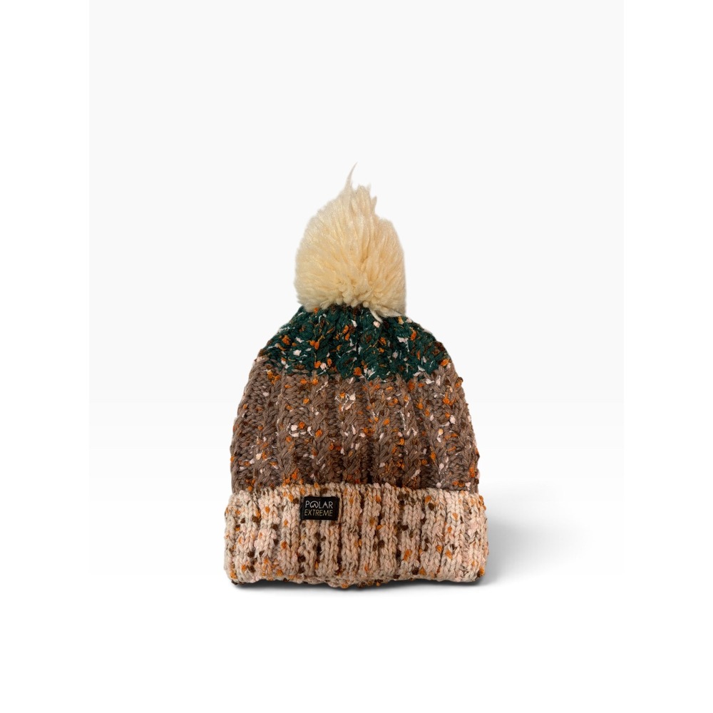 Polar Extreme Beanie Hat Faux Fur Lined Chunky Knit Pom Pom Brown Green OSFM